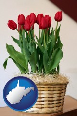 west-virginia map icon and a gift basket with red tulips