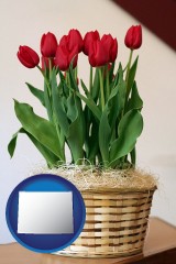 wyoming map icon and a gift basket with red tulips
