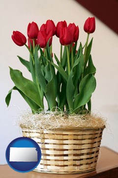 a gift basket with red tulips - with Kansas icon