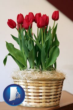 a gift basket with red tulips - with Rhode Island icon