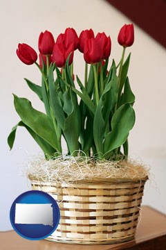 a gift basket with red tulips - with South Dakota icon