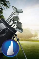 new-hampshire map icon and golf clubs on a golf course