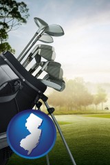 new-jersey map icon and golf clubs on a golf course