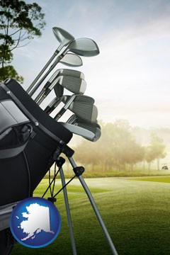 golf clubs on a golf course - with Alaska icon