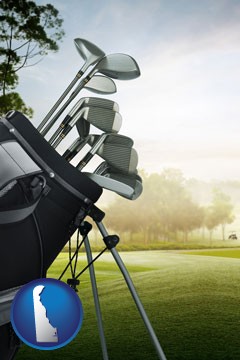 golf clubs on a golf course - with Delaware icon
