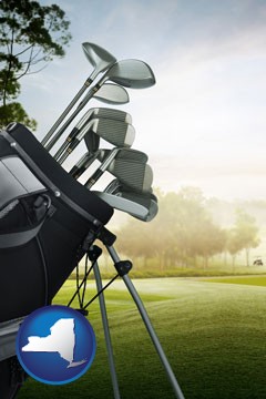 golf clubs on a golf course - with New York icon