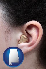 alabama map icon and a woman wearing a hearing aid in her left ear