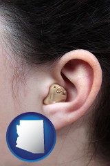arizona map icon and a woman wearing a hearing aid in her left ear