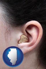 illinois map icon and a woman wearing a hearing aid in her left ear