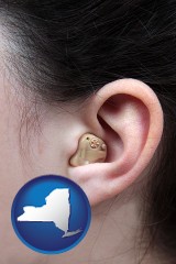 new-york map icon and a woman wearing a hearing aid in her left ear