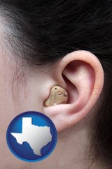 texas map icon and a woman wearing a hearing aid in her left ear
