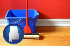 alabama a bucket and mop on a hardwood floor