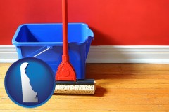 delaware a bucket and mop on a hardwood floor