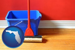 florida map icon and a bucket and mop on a hardwood floor