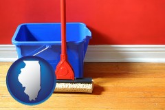 illinois a bucket and mop on a hardwood floor
