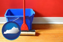 kentucky map icon and a bucket and mop on a hardwood floor