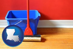 louisiana map icon and a bucket and mop on a hardwood floor