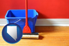 nevada a bucket and mop on a hardwood floor