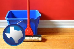 texas map icon and a bucket and mop on a hardwood floor