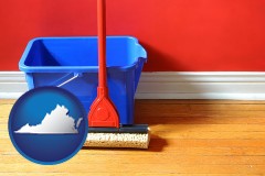 virginia map icon and a bucket and mop on a hardwood floor