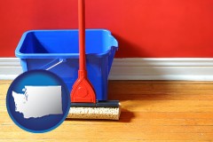 washington map icon and a bucket and mop on a hardwood floor