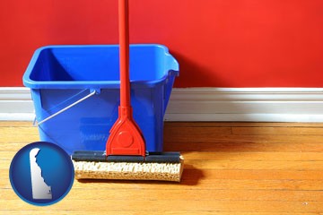 a bucket and mop on a hardwood floor - with Delaware icon