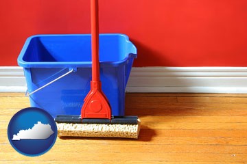 a bucket and mop on a hardwood floor - with Kentucky icon