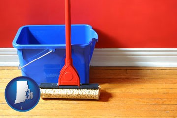 a bucket and mop on a hardwood floor - with Rhode Island icon