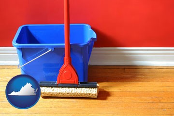 a bucket and mop on a hardwood floor - with Virginia icon