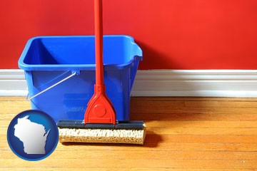 a bucket and mop on a hardwood floor - with Wisconsin icon