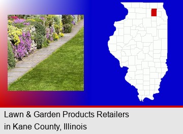 a lawn and a garden; Kane County highlighted in red on a map