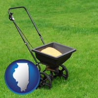 illinois map icon and a lawn fertilizer spreader