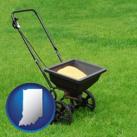 indiana map icon and a lawn fertilizer spreader