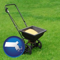 massachusetts map icon and a lawn fertilizer spreader