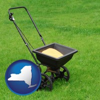 new-york map icon and a lawn fertilizer spreader