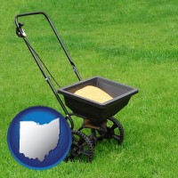 ohio map icon and a lawn fertilizer spreader