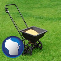 wisconsin map icon and a lawn fertilizer spreader