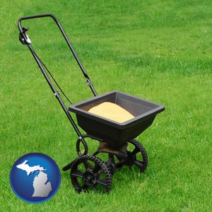 a lawn fertilizer spreader - with Michigan icon