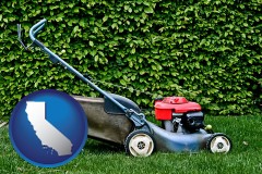 california map icon and a power lawn mower