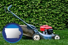 iowa map icon and a power lawn mower