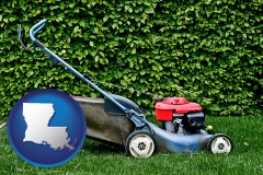 louisiana map icon and a power lawn mower