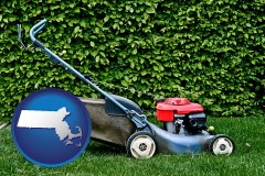 massachusetts map icon and a power lawn mower