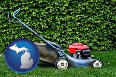 michigan map icon and a power lawn mower