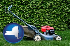new-york map icon and a power lawn mower