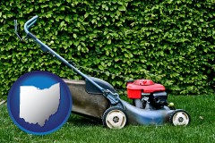 ohio map icon and a power lawn mower