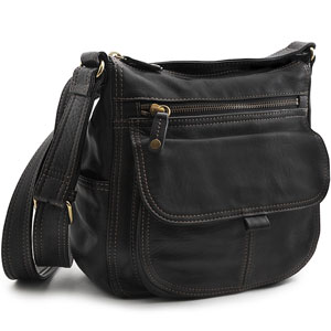 a black leather handbag with shoulder strap