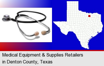 a stethoscope; Denton County highlighted in red on a map