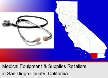 a stethoscope; San Diego County highlighted in red on a map