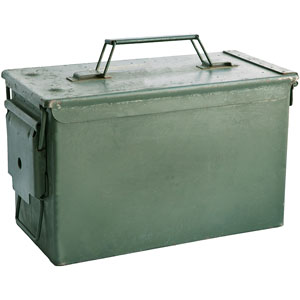 a military-green metal bullet box