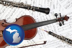 michigan map icon and classical musical instruments